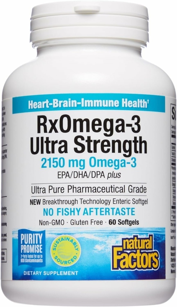 Φυσικοί παράγοντες RxOmega-3 Ultra Strength - Συμπλήρωμα διατροφής για την υποστήριξη του εγκεφάλου και της καρδιάς - Συμπλήρωμα για την υγεία των ματιών με EPA & DHA - Συμπλήρωμα με Ωμέγα-3 λιπαρά οξέα - 60 Softgels (30 υπηρεσίες)