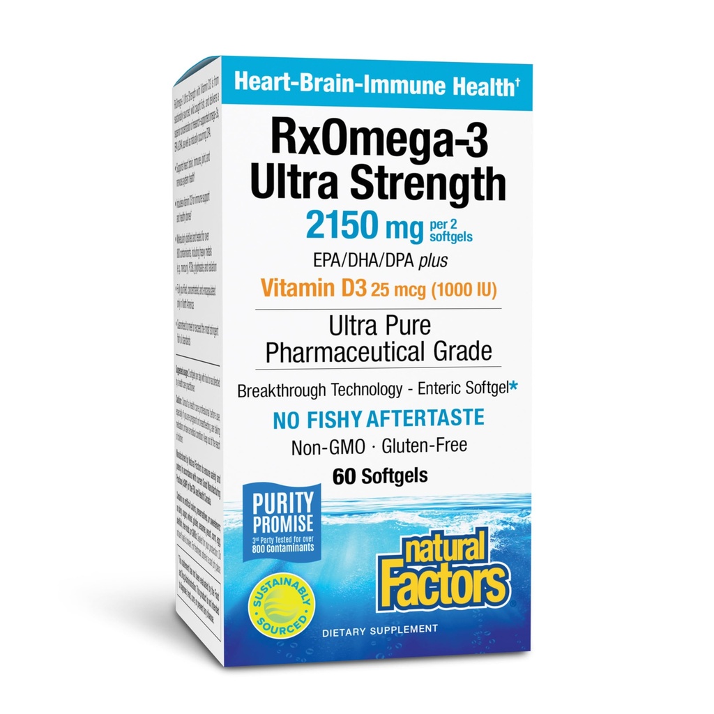 Φυσικοί παράγοντες RxOmega-3 Ultra Strength - Συμπλήρωμα διατροφής για την υποστήριξη του εγκεφάλου και της καρδιάς - Συμπλήρωμα για την υγεία των ματιών με EPA & DHA - Συμπλήρωμα με Ωμέγα-3 λιπαρά οξέα - 60 Softgels (30 υπηρεσίες)