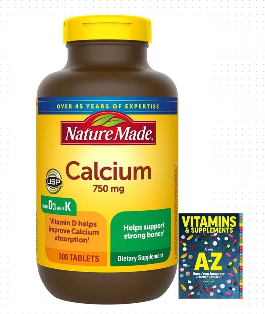 Adventure Αρχική σελίδα Ασβέστιο 750 mg με βιταμίνη D3 και K, Συμπλήρωμα διατροφής για την υποστήριξη των οστών, 300 δισκία+ Καλύτερα Οδηγός Βιταμίνες Συμπληρώματα Βιβλίο Δωρεάν