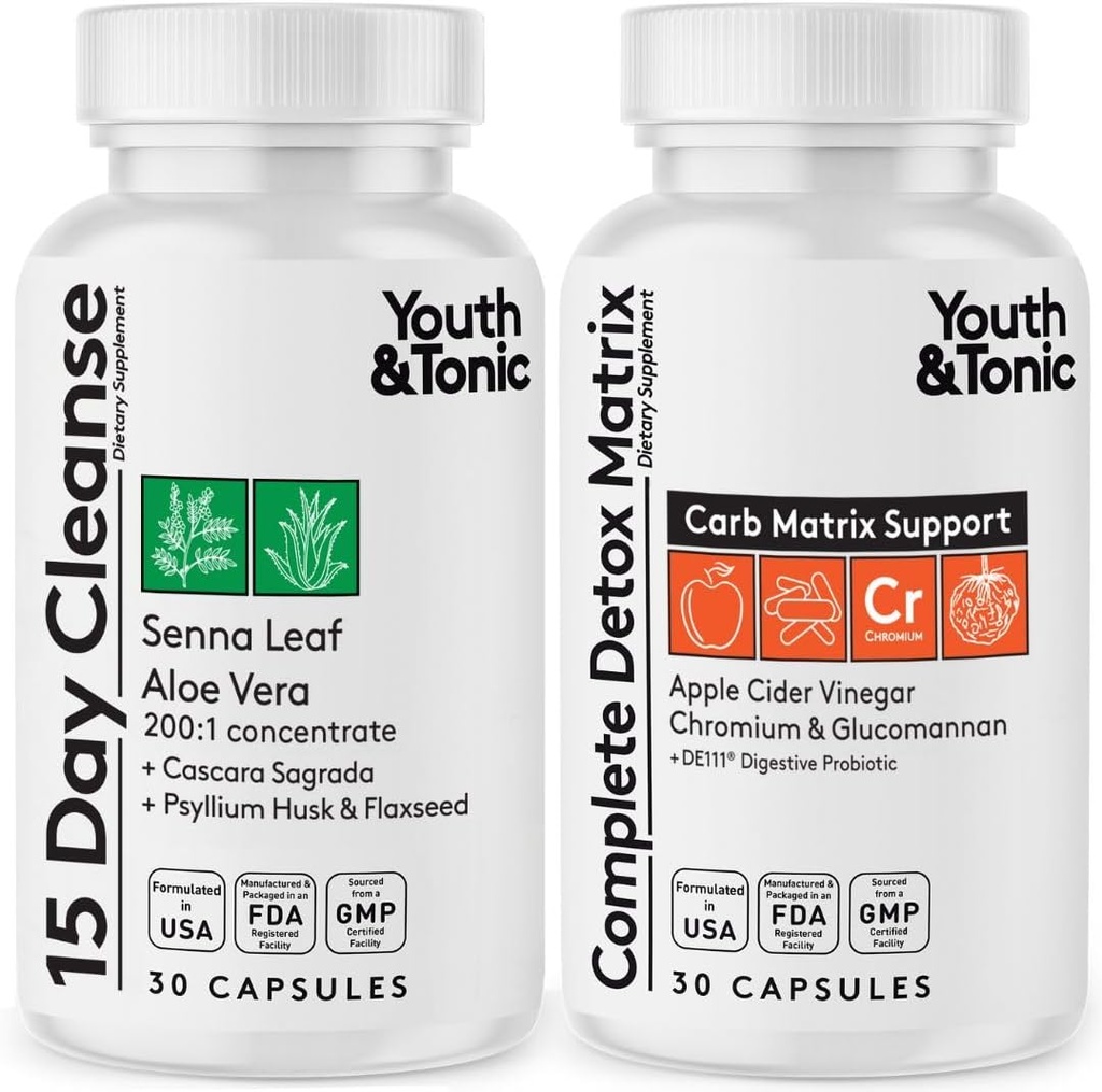 Youth & Tonic 15 Ημέρα Καθαρισμός & Carb Matrix Υποστήριξη για Bloating, Glucomannan, Chromium, 60 χάπια