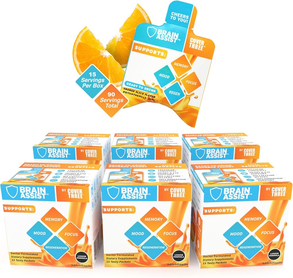 Κάλυψη τριών εγκεφαλικό συμπλήρωμα βοηθείας, συμπλήρωμα διατροφικής εστίασης με κουρκουμίνη, ουριδίνη, Orange Slice Liquid Brain Support Formula, υψηλής απόδοσης συμπληρώματα μνήμης (6 κουτιά)