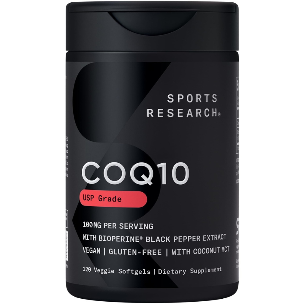 Sports Research CoQ10 (100mg) Enhanced w/Coconut Oil & Bioperine (Black Pepper) for Better Abportion 
