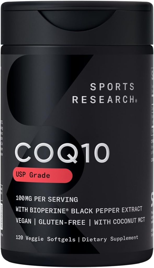 Sports Research CoQ10 (100mg) Enhanced w/Coconut Oil & Bioperine (Black Pepper) for Better Abvortion 