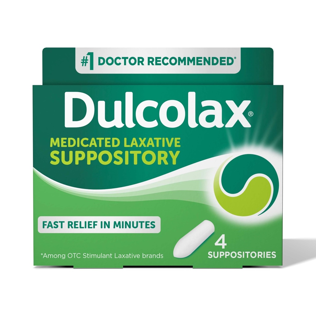 Dulcolax Διεγερτικό Laxative Medicated Suppositories, Πρόβλεψη & Αποτελεσματική ανακούφιση δυσκοιλιότητας, Bisacodyl 10 mg, 4 Count