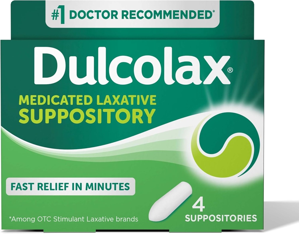 Dulcolax Stimulant Laxative Medicated Suppositories, Predictable & Effective Constipation Relief, Bisacodyl 10 mg, 4 Count