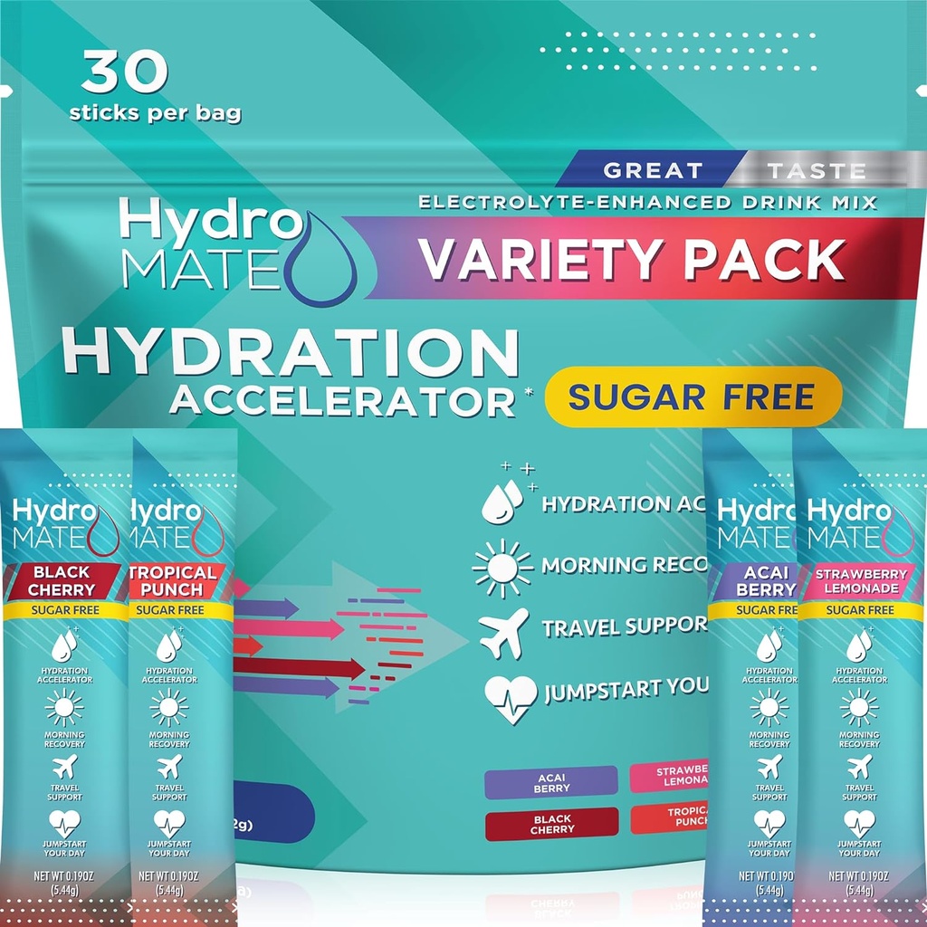 Electrolyte Powder Sugar-Free Hydration Packets Variety Pack HydroMATE 30 Sticks