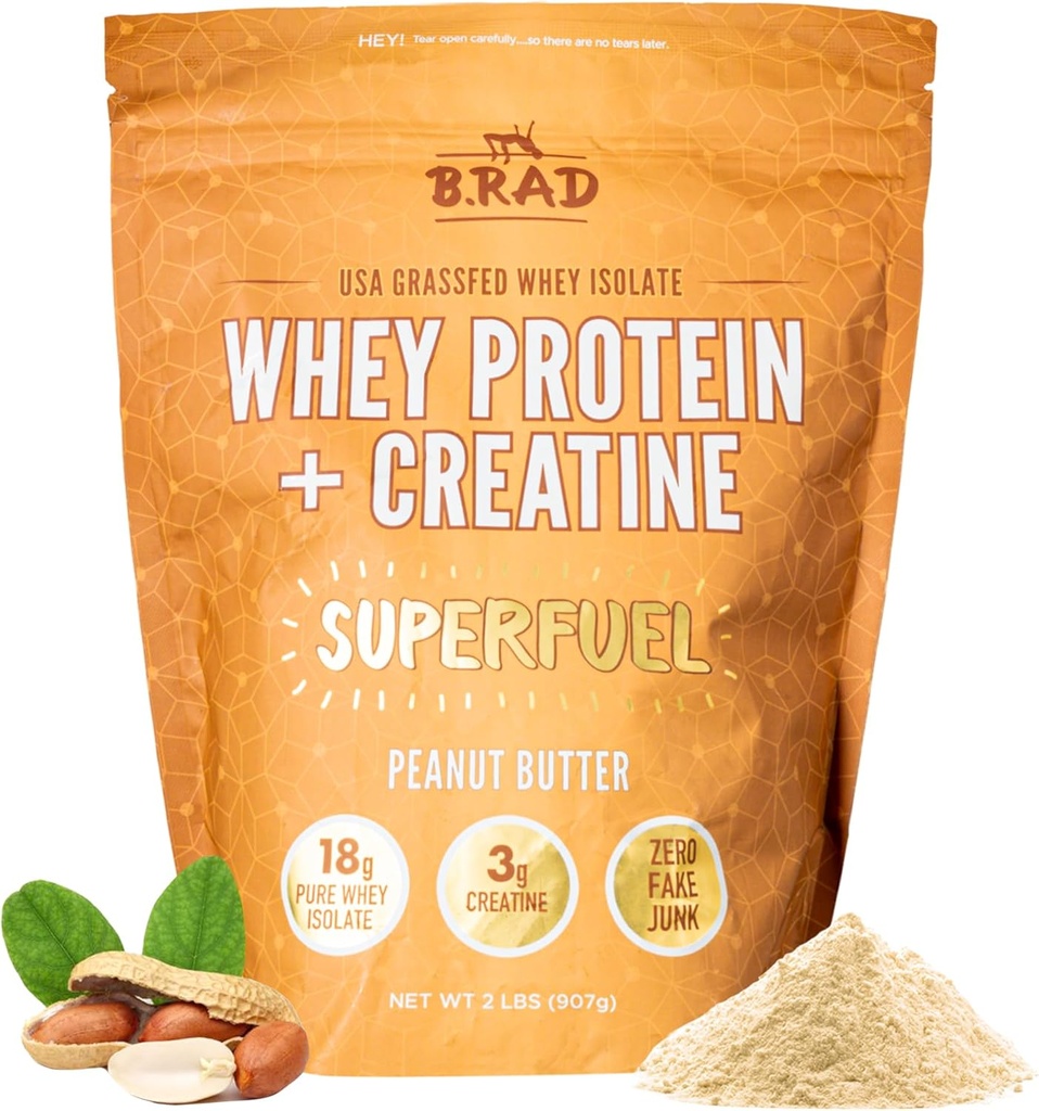 B.rad Superfuel - Grass Fed Whey Protein Isolate Boosted with Creatine | Farm-Fresh, Easy-to-Digest, Clean Ingredients | 2 Pounds | 100% USA Sourced | Peanut Butter