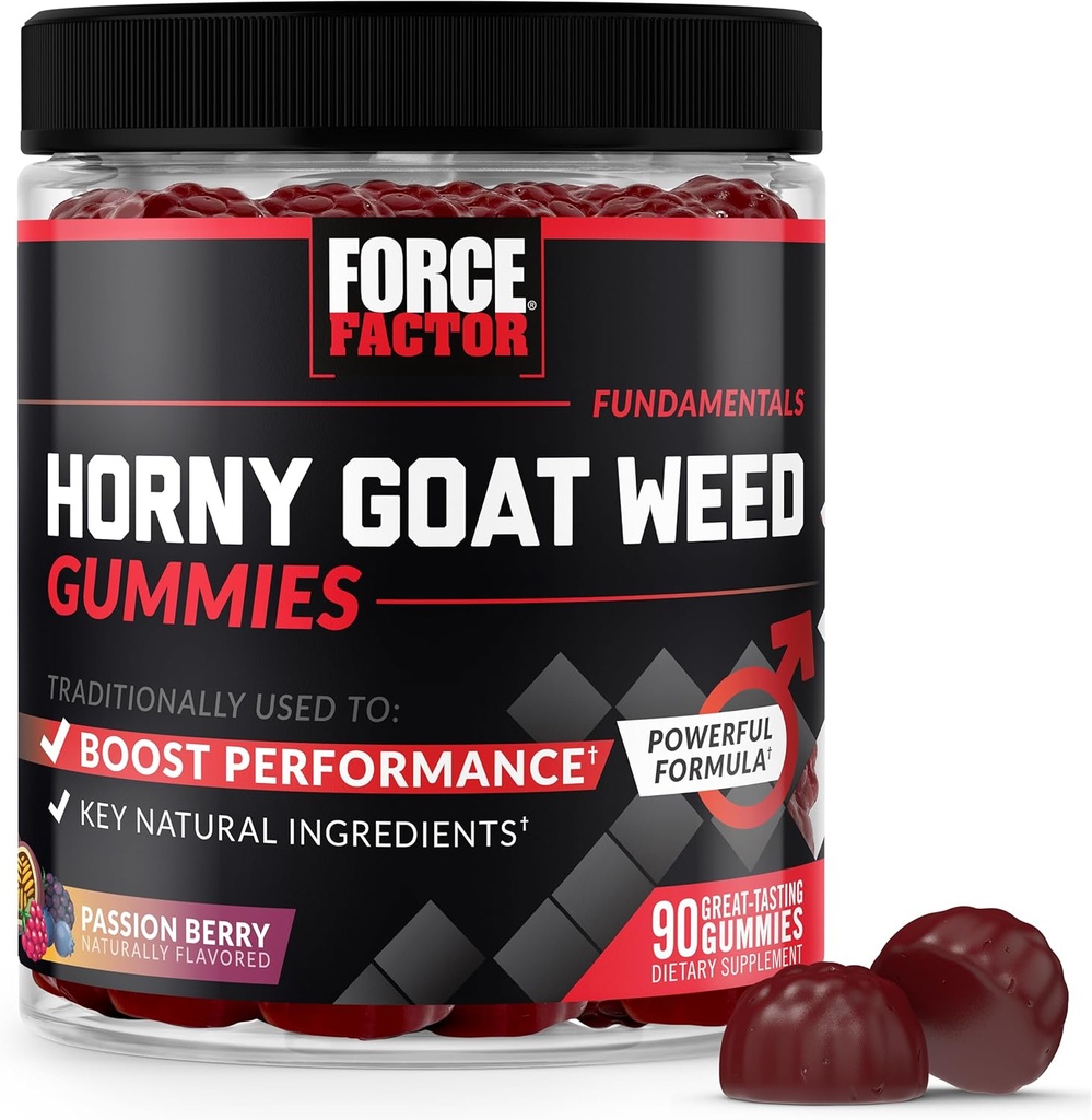 Force Factor Horny Goat Weed Gummies για άνδρες, φυσικό αρσενικό Drive & συμπλήρωμα ζωτικότητας με συστατικά για την ανώτερη απορρόφηση, νοστιμότατο πάθος μούρο γεύση, μαύρο, 90 κόμης
