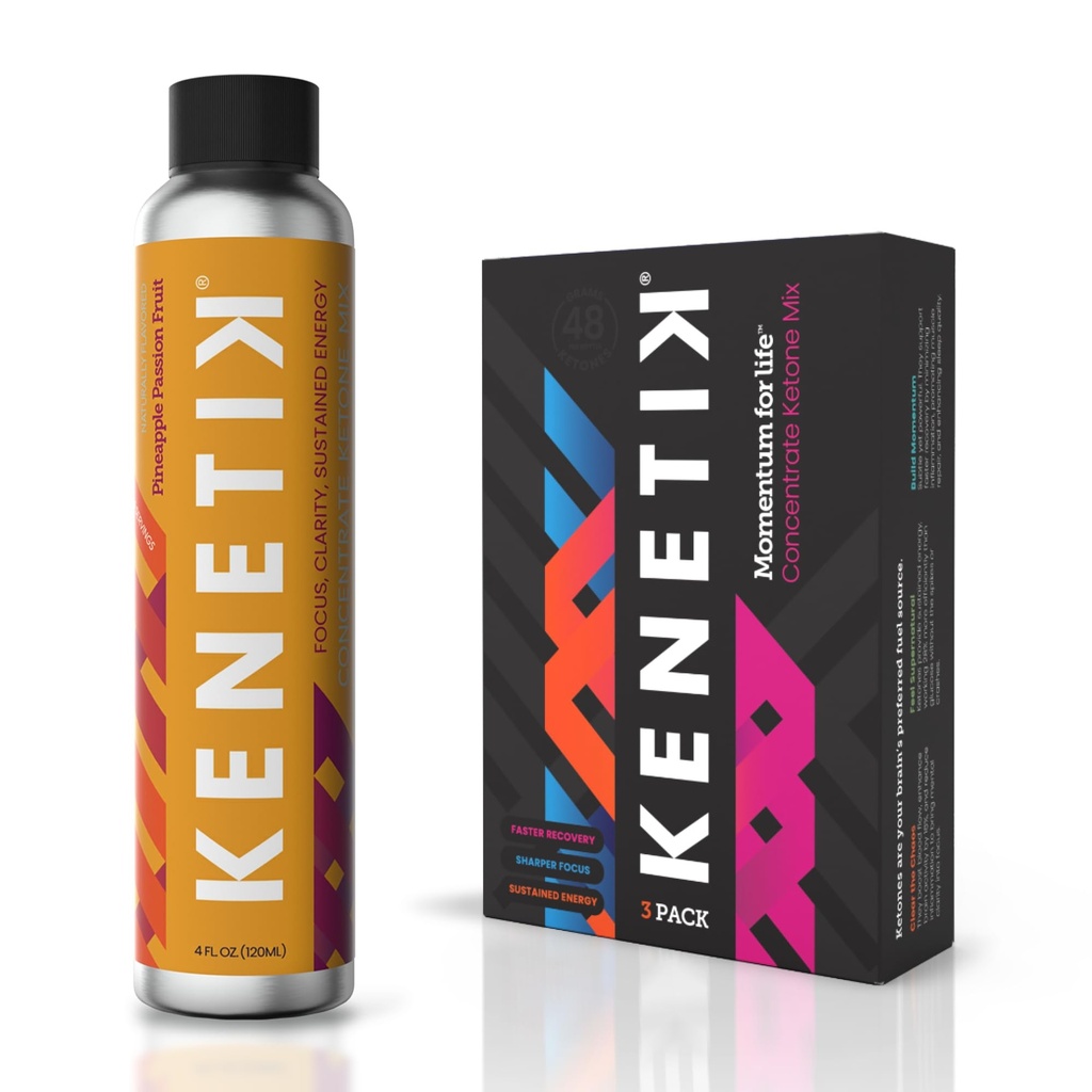 Kenetik Ketone Drink Mix, Exogenous Ketones Blend, Keto, Caffeine & Sugar Free, Vegan Nootropics Brain Supplement for Memory and Focus, D-BHB Ketones - Ανανάς Passionfruit, 3PK (12 Servings)