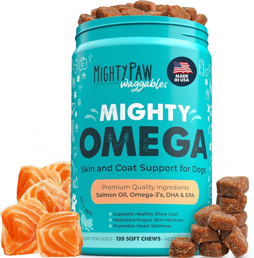 Mighty Paw Wagggables Mighty Omega (Made in The USA, 120 Count)  Συμπλήρωμα δέρματος και γούνας σολομού. Μαλακό λάδι ψαριού μάσα για σκύλους - DHA & EPA, γεύση μπέικον