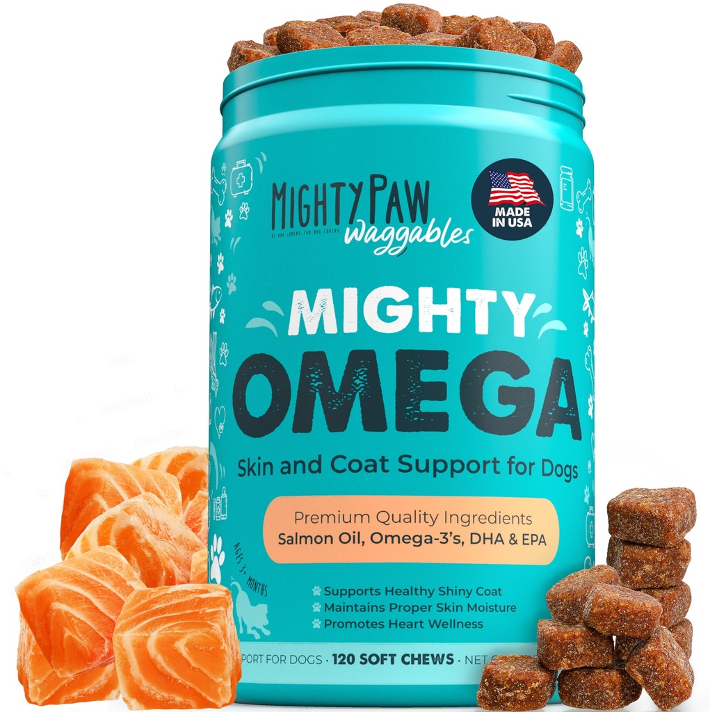 Mighty Paw Wagggables Mighty Omega (Made in The USA, 120 Count)  Συμπλήρωμα δέρματος και γούνας σολομού. Μαλακό λάδι ψαριού μάσα για σκύλους - DHA & EPA, γεύση μπέικον