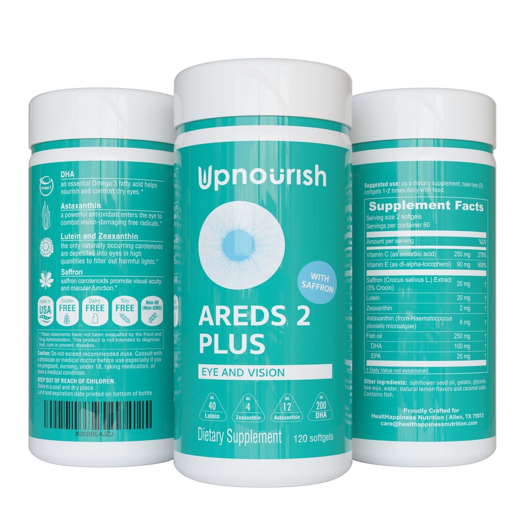 UpNourish AREDS 2 Plus συμπλήρωμα βιταμίνης ματιών, AREDS 2 χωρίς ψευδάργυρο Φόρμουλα με λουτεΐνη, ζεαξανθίνη, σαφράν, ασταξανθίνη & DHA - 120 softgels