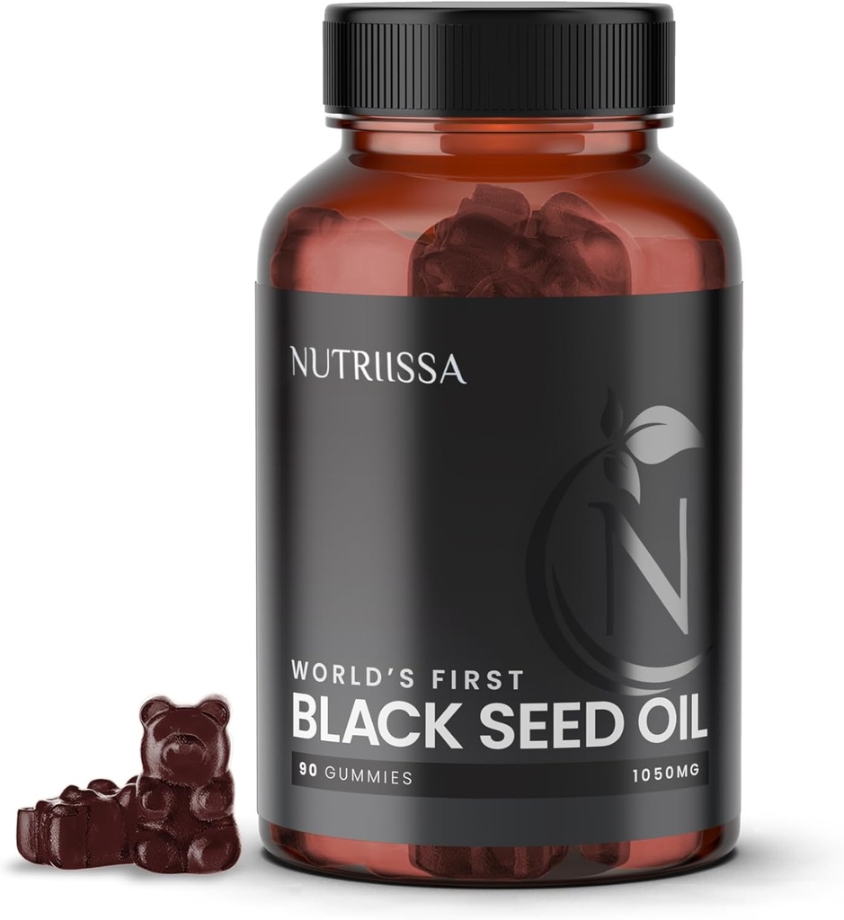 Nutriissa Black Seed Oil + Elder Berry Gummies – Cold-Pressed Black Cumin Seed Nigella Sativa Oil – EPEB Certified for Purity & Potency – 90 Blueberry Flavored Vegan Gummies