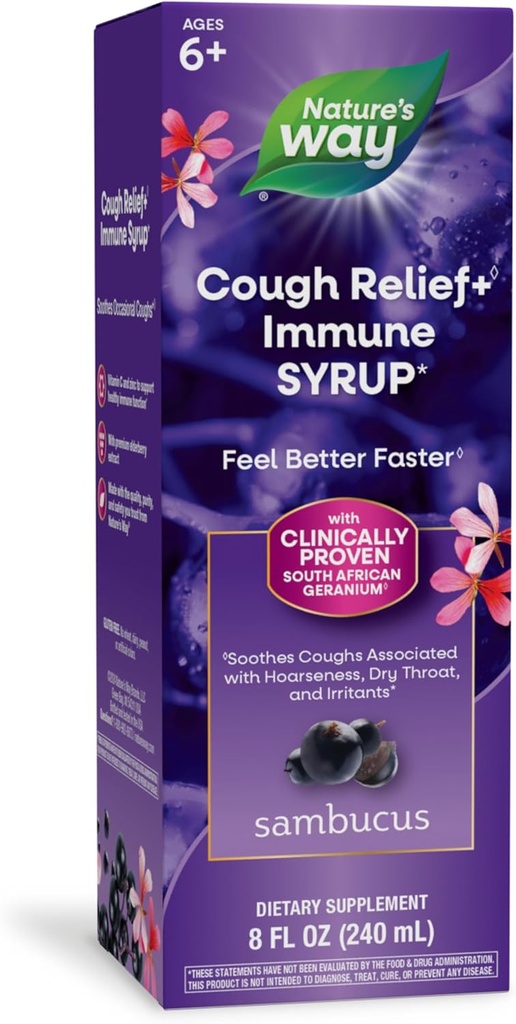 Nature’s Way Sambucus Cough Relief +(1) Immune Syrup*, Feel Better Faster(1), Clinically Proven South African Geranium, with Elderberry Extract, Vitamin C & Zinc, 8 Oz (Packaging May Vary)