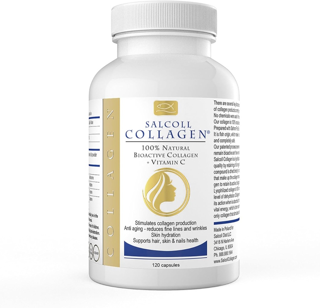 Salcoll Pure Marine Collagen Skin Capsules (120 Count) – Συμπλήρωμα κατά της γήρανσης για γυναίκες & άνδρες, Ενισχύει το κολλαγόνο, Μειώνει τις ρυτίδες, Υποστηρίζει το δέρμα, τα μαλλιά & τα νύχια με ενυδάτωση & Nourishment