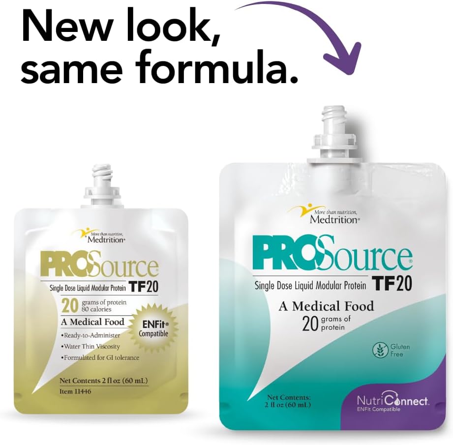 Medtrition NutriConnectTM ProSource® TF20 – ENFit® Συμβατό συμπλήρωμα φορμαλδεΰδης πρωτεΐνης για τη σίτιση σωλήνων – 20g υγρής πρωτεΐνης σε 60mL πουγκί – Υποστηρίζει Aspen κατευθυντήριες γραμμές & ICU διατροφή