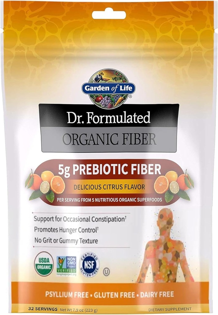 Κήπος της ζωής Dr Formulated Organic Fiber συμπλήρωμα σκόνης εσπεριδοειδή, χωρίς ζάχαρη, Psyllium Free Prebiotic Superfoods, δυσκοιλιότητα ανακούφιση και τον έλεγχο πείνας για άνδρες και γυναίκες, 32 εξυπηρετούν
