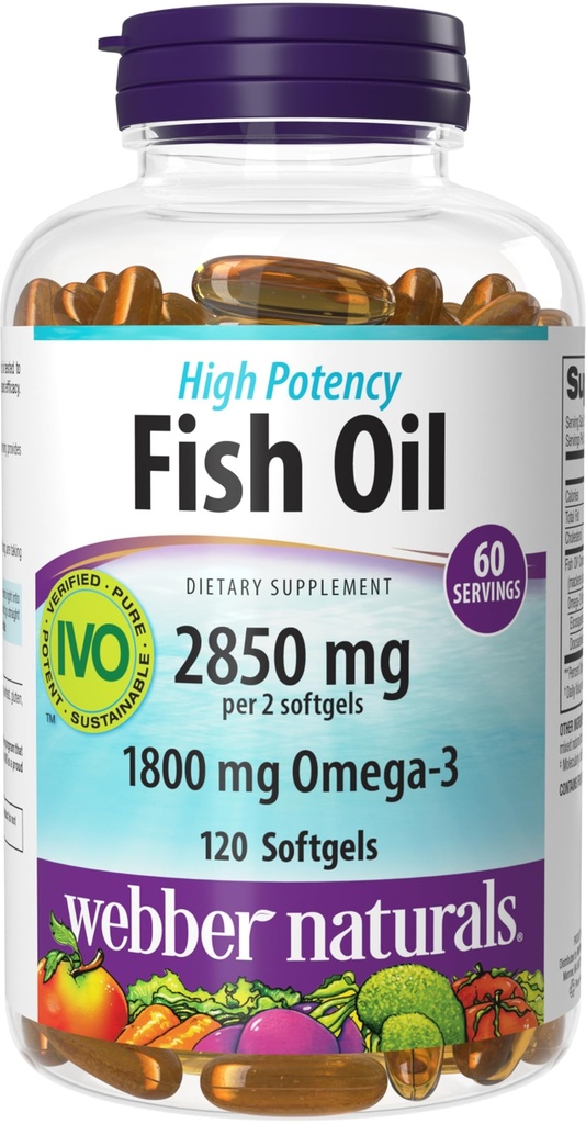 Webber Naturals Fish Oil 2850 mg, Υψηλή Ικανότητα, 1.800 mg Ωμέγα-3 ανά Σερβίρισμα, 120 Clear Enteric Softgels, Όχι Fishy Επίγευση, Ultra-Purified, Υποστηρίζει την καρδιά, Γνωστική, και Κοινή Υγεία