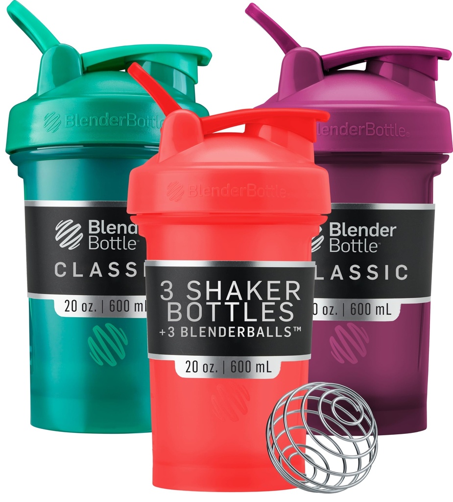BlenderBottle Classic V2 Shaker μπουκάλι Ιδανικό για την πρωτεΐνη Shakes και προ προπόνηση, 20-Ounce (3 πακέτο), κόκκινο, πράσινο, δαμάσκηνο