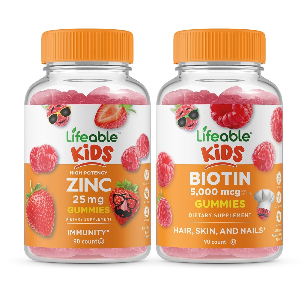 Ζωοποιήσιμος ψευδάργυρος 25mg παιδιά + παιδιά βιοτίνης, gummys bundle - μεγάλη γεύση, συμπλήρωμα βιταμίνης, χωρίς γλουτένη, GMO δωρεάν, μασώμενη κοιλιά