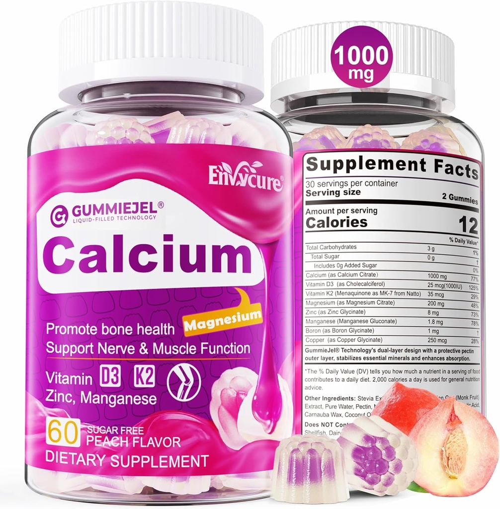 Sugar Free Calcium Citrate Gummies for Women & Men 1000mg, Vitamin D3 K2, Magnesium, Zinc, Boron, Manganese, Copper, Ultimate Absorption Calcium Supplements for Bone, Muscle & Immune - Vegan, 60 Count