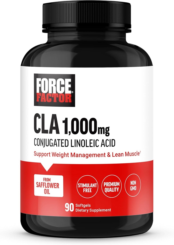 FORCE FACTOR CLA Συμπληρώματα, CLA 1000 mg, Conjugated Linoleic Acid to Support Body Composition and Lean Mys Mass, Made from Safflower Oil, Simulant Free, Non-GMO, 90 Softgels