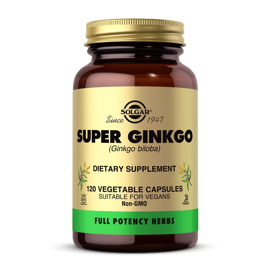 Solgar Super Ginkgo, 120 κάψουλες λαχανικών - Πλήρης ισχύς (FP) - Αντιοξειδωτικό & Νευρικό Σύστημα Υποστήριξη - Εγκεφαλική Υγεία - Μη ΓΤΟ, Vegan, Χωρίς γλουτένη, Χωρίς γαλακτοκομικά, Kosher - 120 Σερβιέτες