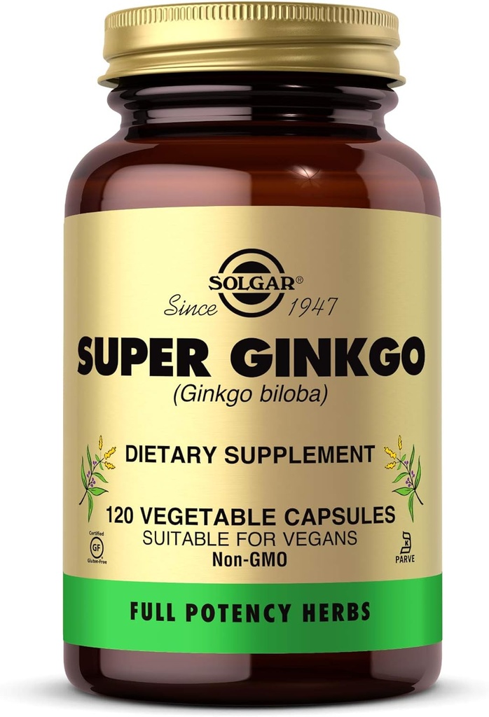 Solgar Super Ginkgo, 120 κάψουλες λαχανικών - Πλήρης ισχύς (FP) - Αντιοξειδωτικό & Νευρικό Σύστημα Υποστήριξη - Εγκεφαλική Υγεία - Μη ΓΤΟ, Vegan, Χωρίς γλουτένη, Χωρίς γαλακτοκομικά, Kosher - 120 Σερβιέτες