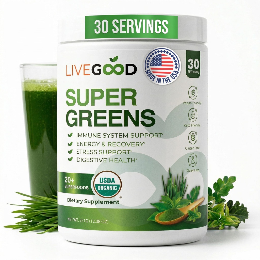 LiveGood Super Greens σκόνη Βιολογικά Superfood με σιτάρι Grass σκόνη, καθημερινή Superfood σκόνη για την υποστήριξη του ανοσοποιητικού, ενέργεια και Detox, Πράσινο χυμό σκόνη συμπλήρωμα (30 εξυπηρετούν), 12.38 Oz