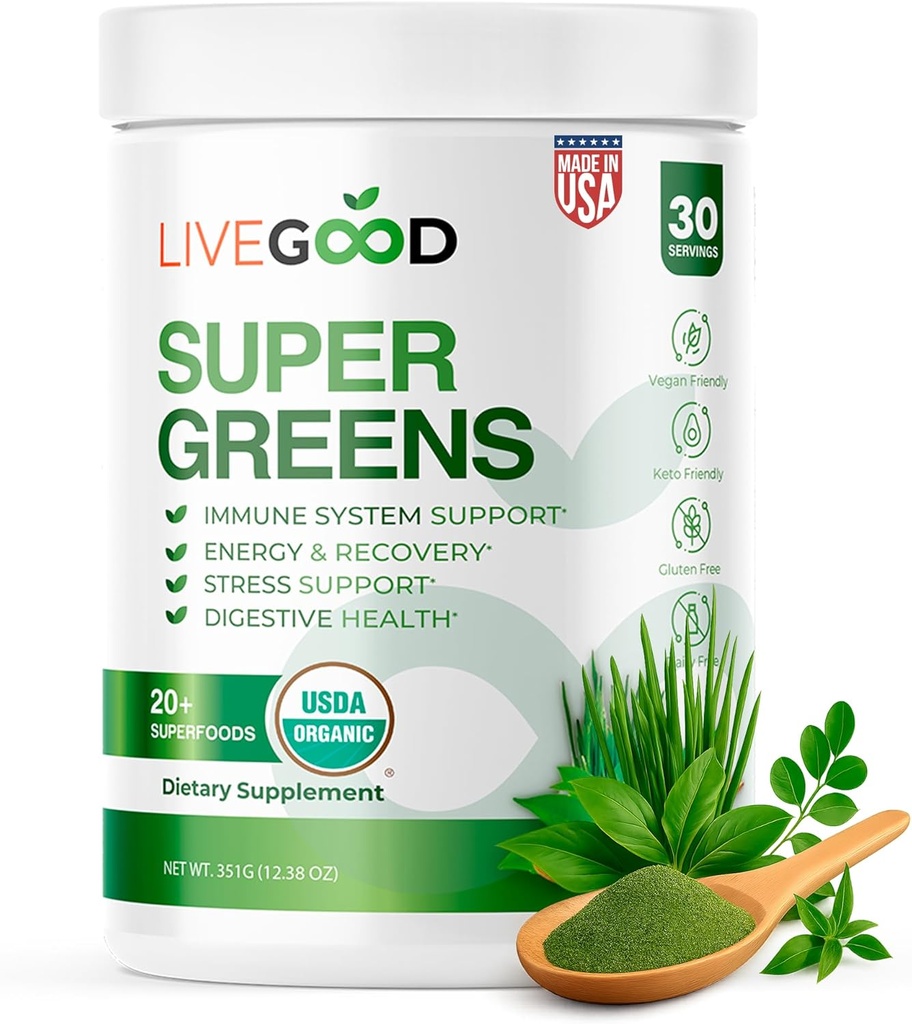 LiveGood Super Greens σκόνη Βιολογικά Superfood με σιτάρι Grass σκόνη, καθημερινή Superfood σκόνη για την υποστήριξη του ανοσοποιητικού, ενέργεια και Detox, Πράσινο χυμό σκόνη συμπλήρωμα (30 εξυπηρετούν), 12.38 Oz