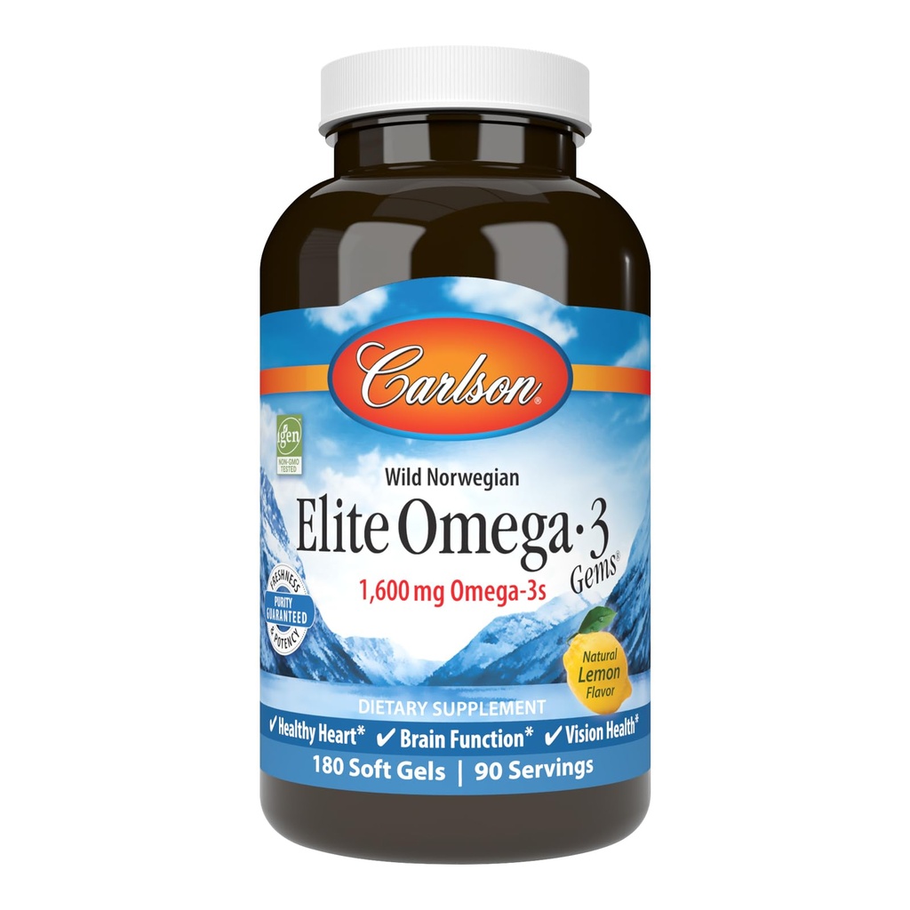 Carlson - Elite Omega-3 Gems, 1600 mg Omega-3 Συμπεριλαμβανομένων των EPA και DHA, Νορβηγικά, Συμπληρώματα ιχθυελαίου Αγριας Αγοράς, Με Βιώσιμη προέλευση, λεμόνι, 180 Softgels