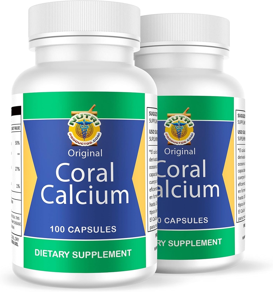 Calcio de Coral Set de 2 frascos con 100 capsulas CADA uno. (στα Αγγλικά). Reforzado con Βιταμίνη D y Magnesio. Combate: Cansancio, Dolor de huesos, insomnio, Calabres, Artritis. (στα Αγγλικά). 100% φυσικό.