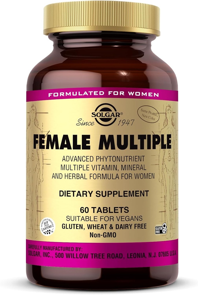 Solgar Female Multiple - 60 Tablets - Πολυβιταμίνη, Ορυκτή & Φυτική Φόρμουλα για γυναίκες - Vegan, Χωρίς Γλουτένη & Γαλακτοκομικά - 20 Σερβιέτες
