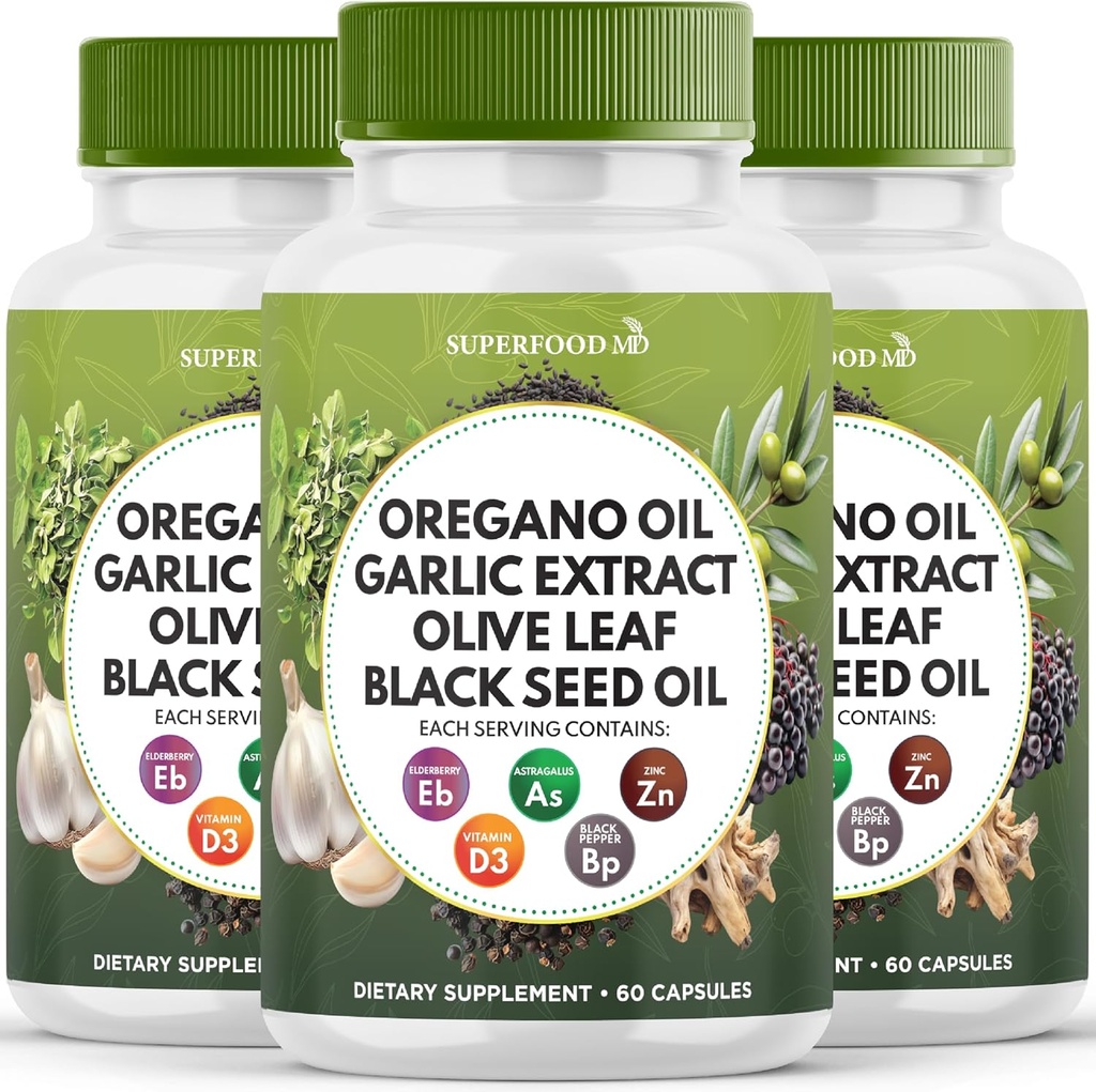 Ρίγανη εκχύλισμα ελαίου σκόρδου Olive Leaf Black Seed Oil Astragalus - συμπλήρωμα υποστήριξης του ανοσοποιητικού για γυναίκες και άνδρες- 180 Count