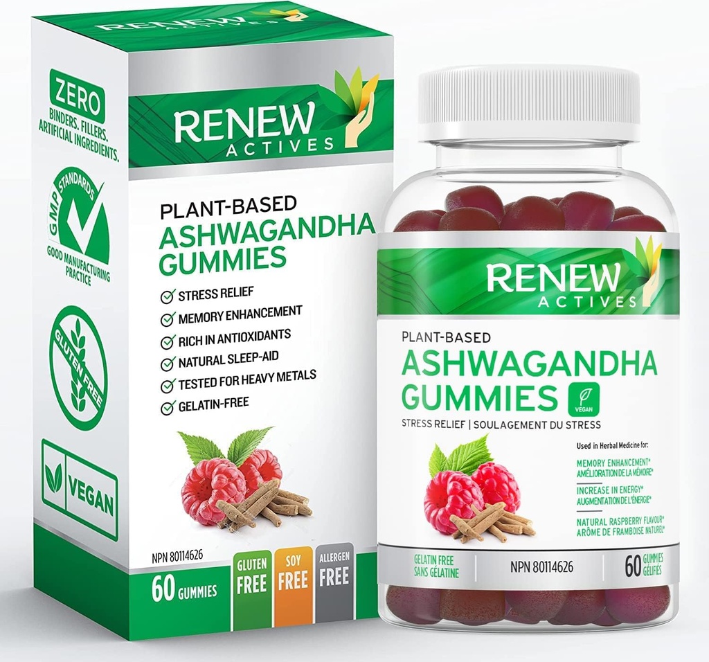 Renew Actives Ashwagandha 100MG ανά 4 Gummies – Memory, Focus & Energy Boost – Παραδοσιακά χρησιμοποιείται ως Rejuvenative Tonic – Vegan, Herbal Adaptogen – Made in Canada – 60 Gummies