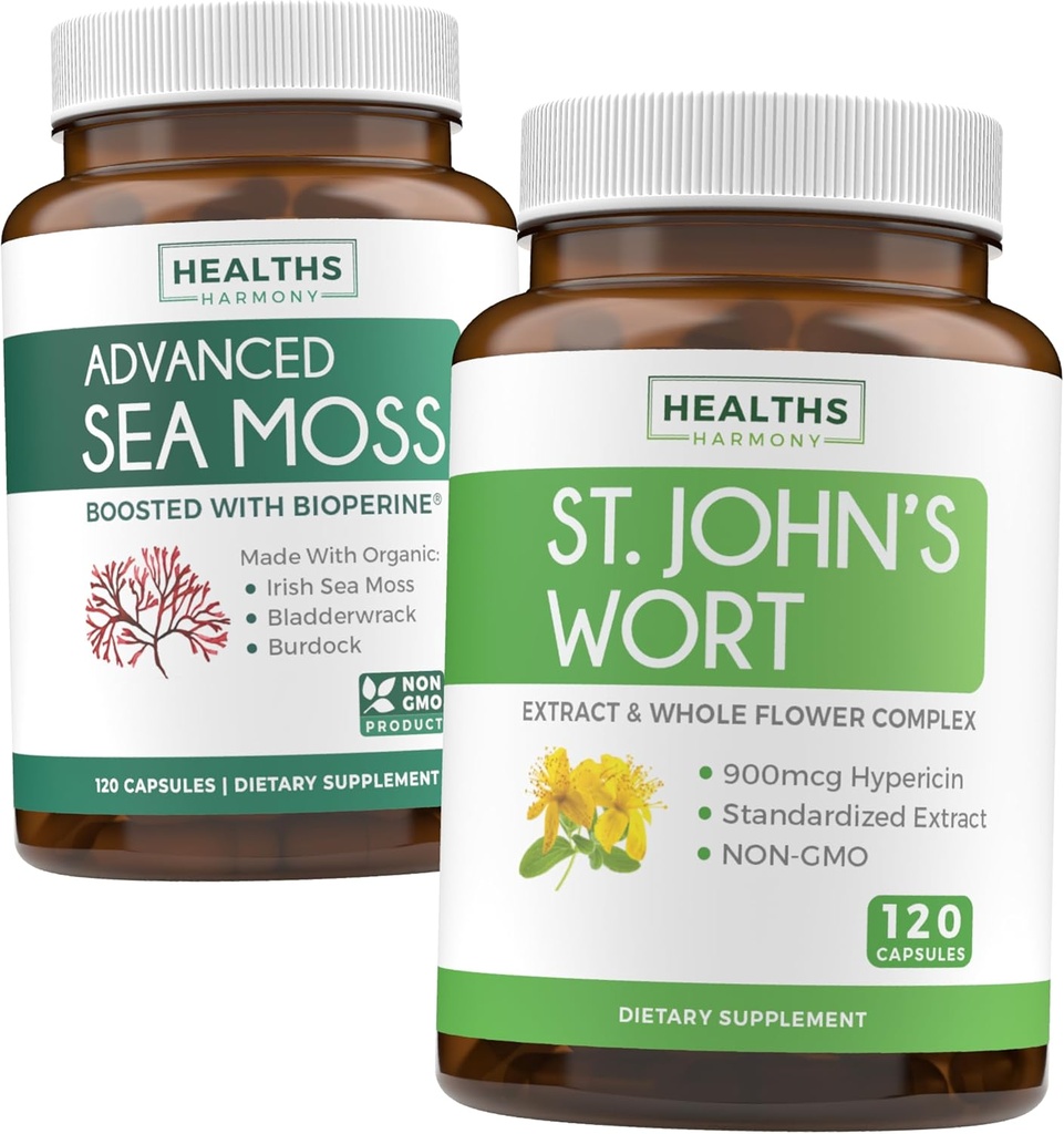 Sea Moss & St. John's Wort (2-Month Supply) Mood Moss Blend - Organic Irish Sea Moss - Raw Vegan Supplement (120 Caps) & St John's Wort με Ισχυρό 900mcg Hypericin Vegan Non-GMO (120 Κάψουλες)