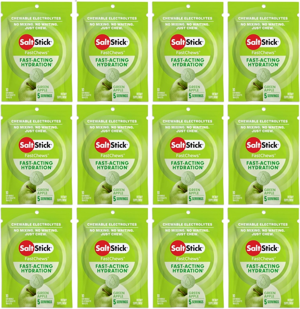 SaltStick Electrolyte FastChews - 120 Count Green Apple Flavor - Ηλεκτρολυτικά δισκία για την ενυδάτωση, Salt Tabs - 10 Count (Pack of 12)