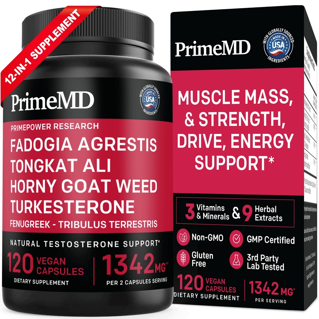 Fadogia Agrestis and Tongkat Ali Supplement for Men – 12-in-1 Testosterone Booster with Turkesterone, Horny Goat Weed, Maca Root, Zinc - 1342mg, 120 Vegan Capsules - 3rd Party Tested