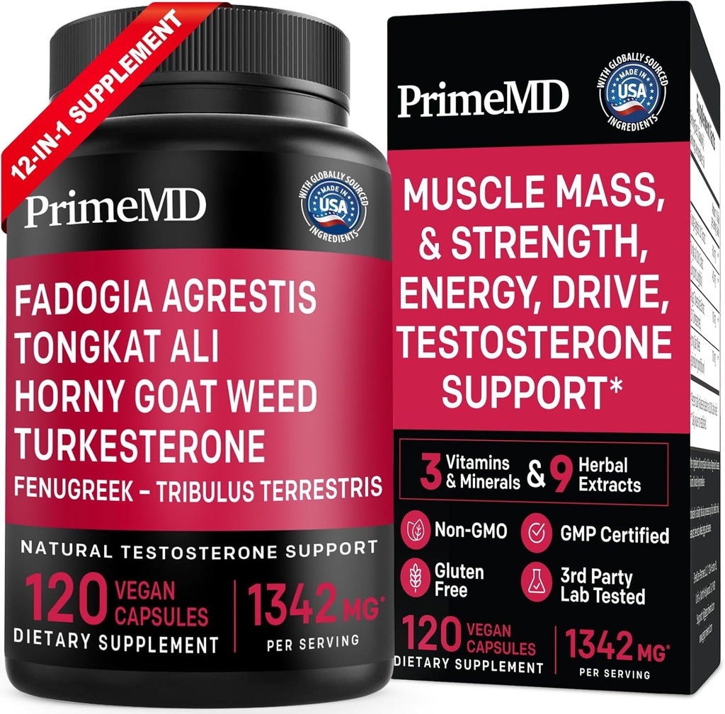 PrimeMD 12-in-1 Fadogia Agrestis and Tongkat Ali - Testosterone Supplement for Men with Turkesterone - HornyGoatWeed for Men for Overall Well-Being with 1342mg Per Serving (120 Capsules) (Pack of 1)