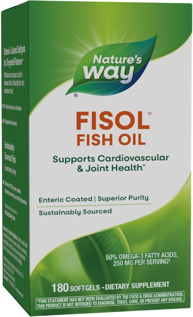 Fisol Fish Oil, Enteric Coated, υποστηρίζει καρδιοαγγειακή και κοινή υγεία*, Mega Potency Omega-3s, 180 Softgels (συσκευασία Μαΐου Vary)