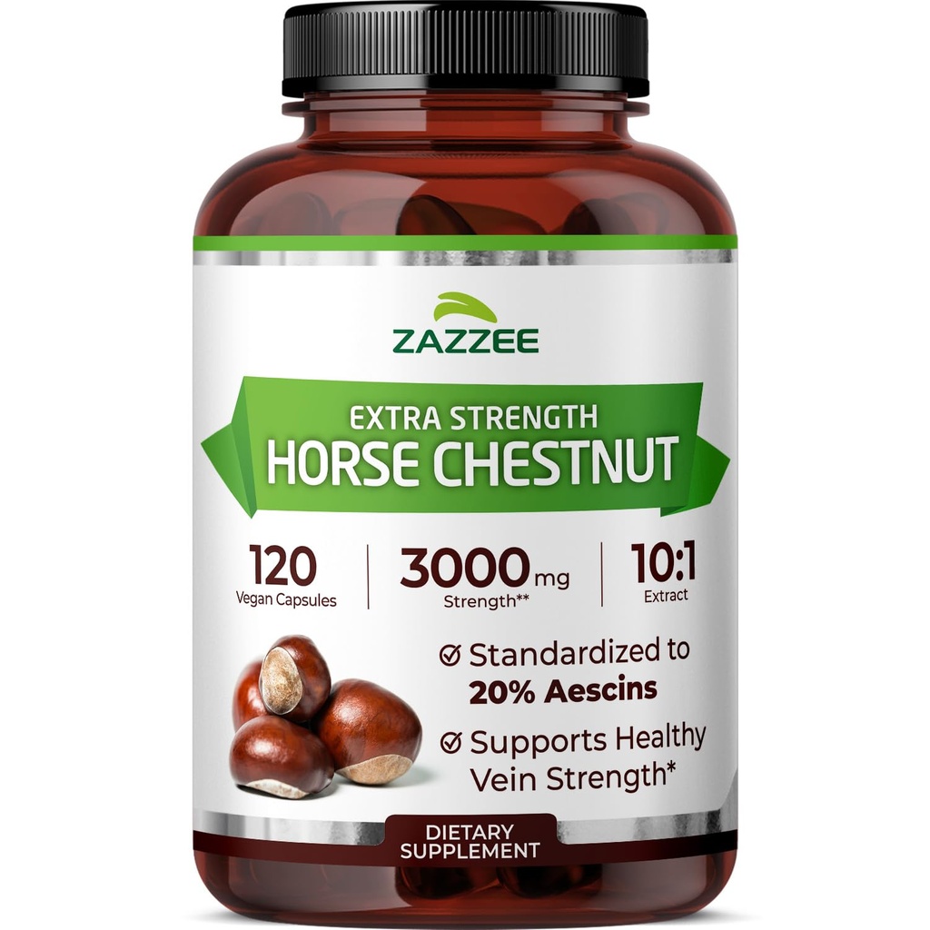 Zazzee Extra Strength Horse Chestnut 10:1 Extract, 3000 mg Δύναμη, 20% Aescins, 4 μήνες προσφοράς, 120 Vegan κάψουλες, συμπυκνωμένα και τυποποιημένα 10X Extract, όλα-φυσικά, μη-GMO, Κατασκευασμένο στις ΗΠΑ