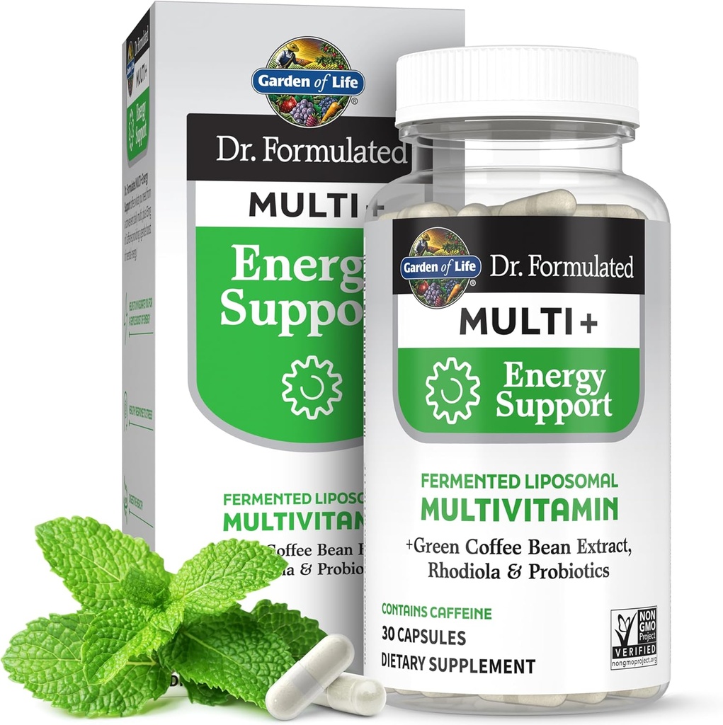 Garden of Life Dr. Formulated Multi+ Energy Support: Ζυμωμένη λιποσωμική πολυβιταμίνη + εκχύλισμα Πράσινου Coffee Bean, Rhodiola & Probiotics - Ενισχύστε την ενέργεια, Υποστήριξη Digestion & ανοσοποιητική υγεία, 30 κάψουλες