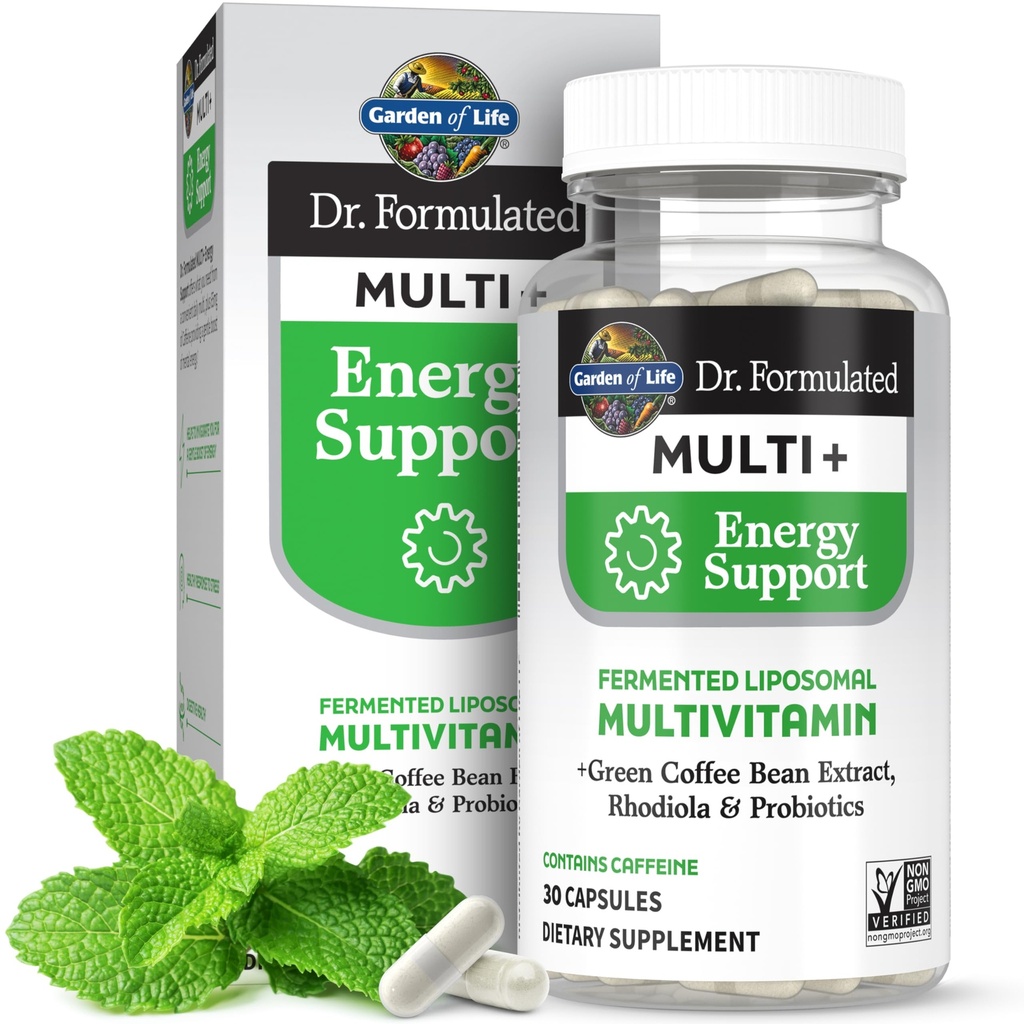 Garden of Life Dr. Formulated Multi+ Energy Support: Ζυμωμένη λιποσωμική πολυβιταμίνη + εκχύλισμα Πράσινου Coffee Bean, Rhodiola & Probiotics - Ενισχύστε την ενέργεια, Υποστήριξη Digestion & ανοσοποιητική υγεία, 30 κάψουλες