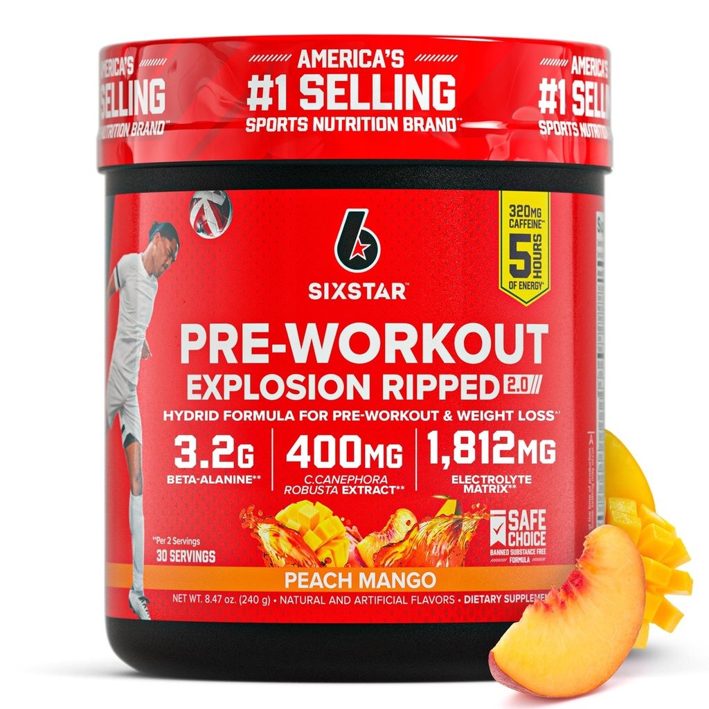 Six Star Pre-Explosion, Ροδάκινο Mango (30 Services) - Preworkout Energy Powder Supplement for Men & Women - Pre Educate Drink Mix with Createine & Beta Alanine - Sports Nutrition Products