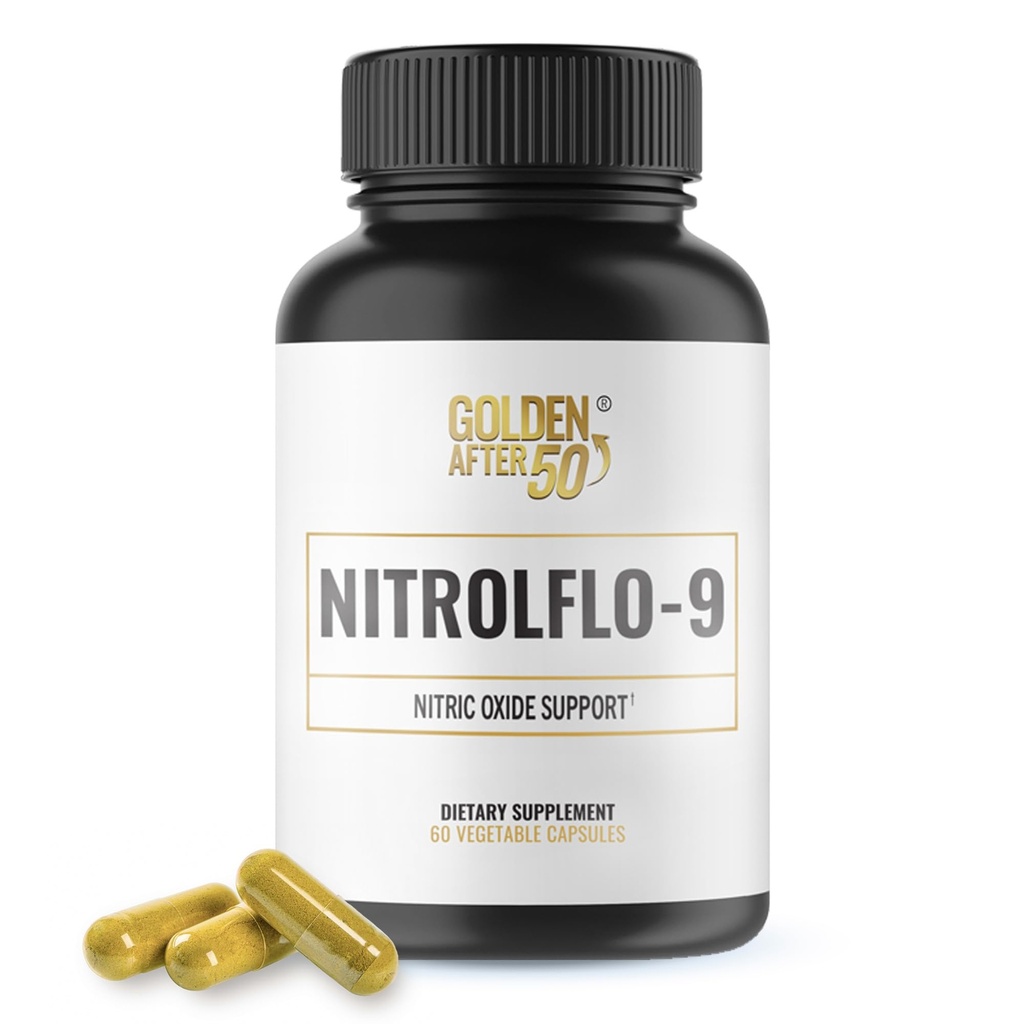 Golden After 50 NitrolFlo-9 - Nature-Powered Συμπλήρωμα Νιτρικού Οξειδίου με εκχύλισμα Ρόδι, Σπόροι Σταφυλιού, και S7® - Υποστηρίζει Nutrient Κυκλοφορία και Βέλτιστη Ενέργεια - 60 κάψουλες