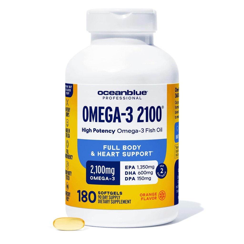 Oceanblue Professional Omega-3 2100 – 180 ct – Τρίκλινη δύναμη Burpless Fish Oil συμπλήρωμα με υψηλής ισχύος EPA, DHA, DPA – Wild-Caught – Orange Flavor (90 εξυπηρετούν)