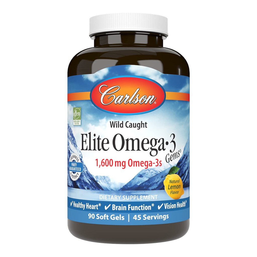 Carlson Elite Omega-3 Gems, 1600mg Omega-3s with EPA & DHA, Wild-Caught Norwegian Fish Oil, Lemon Flavor, 90 Softgels