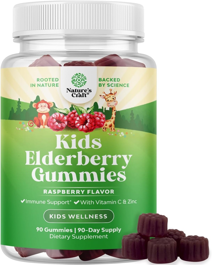 Natures Craft Sambucus Elderberry Gummies for Kids Health - Νοστιμότατοι μαύροι gummies Elderberry με ψευδάργυρο και βιταμίνη C για παιδιά ανοσοποιητική υποστήριξη - Ζελατίνη και χωρίς γλουτένη μη ΓΤΟ Ανοσία Υποστήριξη 90
