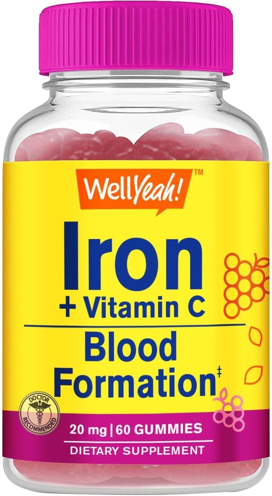 WellYeah Iron Gummies with Vitamin C - Αναιμία και κυτταρική ενεργειακή υποστήριξη, προωθεί τον σχηματισμό ερυθρών κυττάρων αίματος - Ενέργεια & ανοσοποιητικό σύστημα υποστήριξης -Φυσικό άρωμα σταφυλιών-60 Gummies