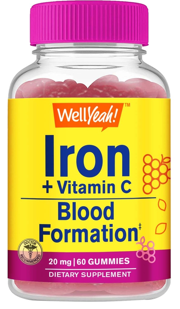 WellYeah Iron Gummies with Vitamin C - Αναιμία και κυτταρική ενεργειακή υποστήριξη, προωθεί τον σχηματισμό ερυθρών κυττάρων αίματος - Ενέργεια & ανοσοποιητικό σύστημα υποστήριξης -Φυσικό άρωμα σταφυλιών-60 Gummies